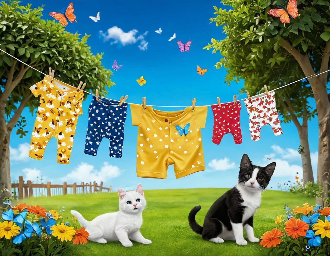 A cheerful, whimsical scene featuring playful animal-themed two-piece outfits hung on a clothesline, surrounded by colorful butterflies and blooming flowers. An adorable puppy and kitten are joyfully playing beneath the clothesline, representing the transition from sadness to joy. The background is a serene park filled with lush greenery and a bright blue sky, creating a lighthearted atmosphere. cartoonish style. vibrant colors.