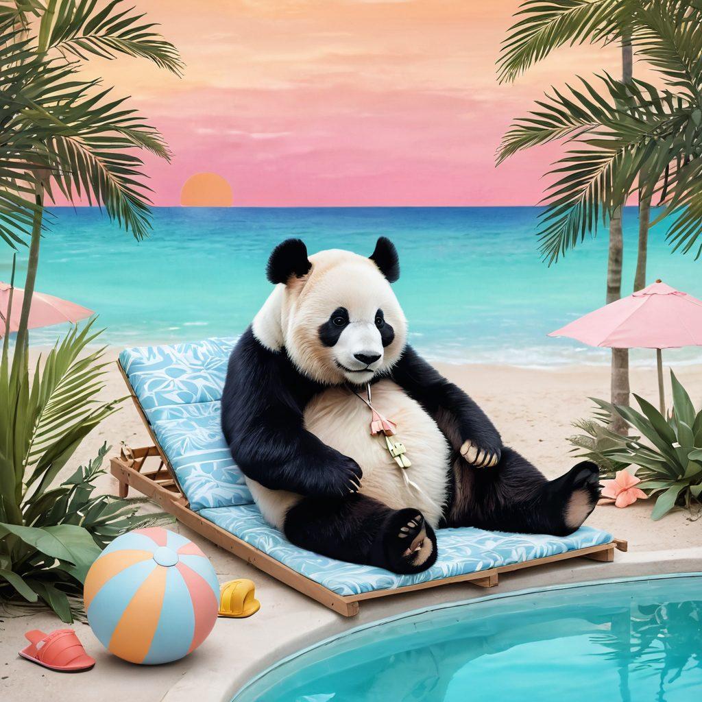 A stylish panda wearing trendy swimwear, lounging by a serene poolside, surrounded by tropical plants and playful beach toys. The atmosphere should evoke a sense of playful melancholy, with soft pastel colors and a dreamy sunset in the background. Include fashionable swimwear patterns and textures that highlight current trends. digital art. soft pastel color palette. whimsical style.